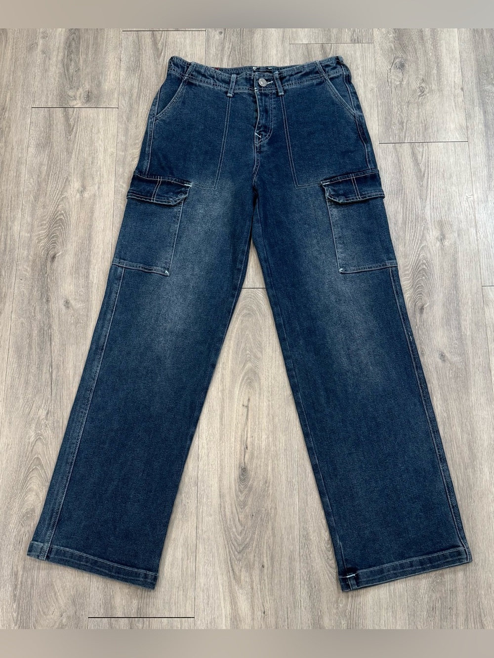 NWOT True Religion Medium Wash Denim Cargo Utility Single Needle Straight Jeans